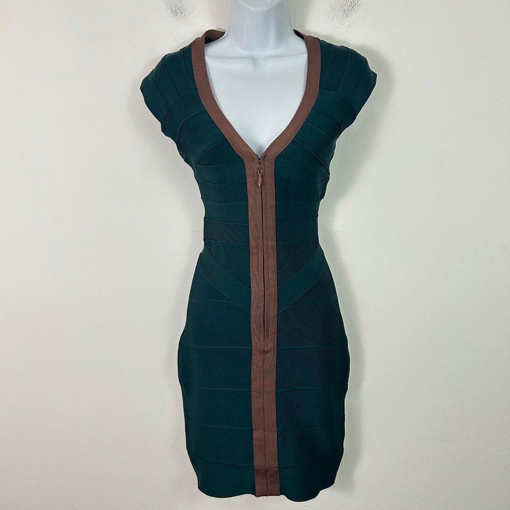 Herve Leger Dress Womens XS Bodycon Forest Green Brown Trim Half Zip Front